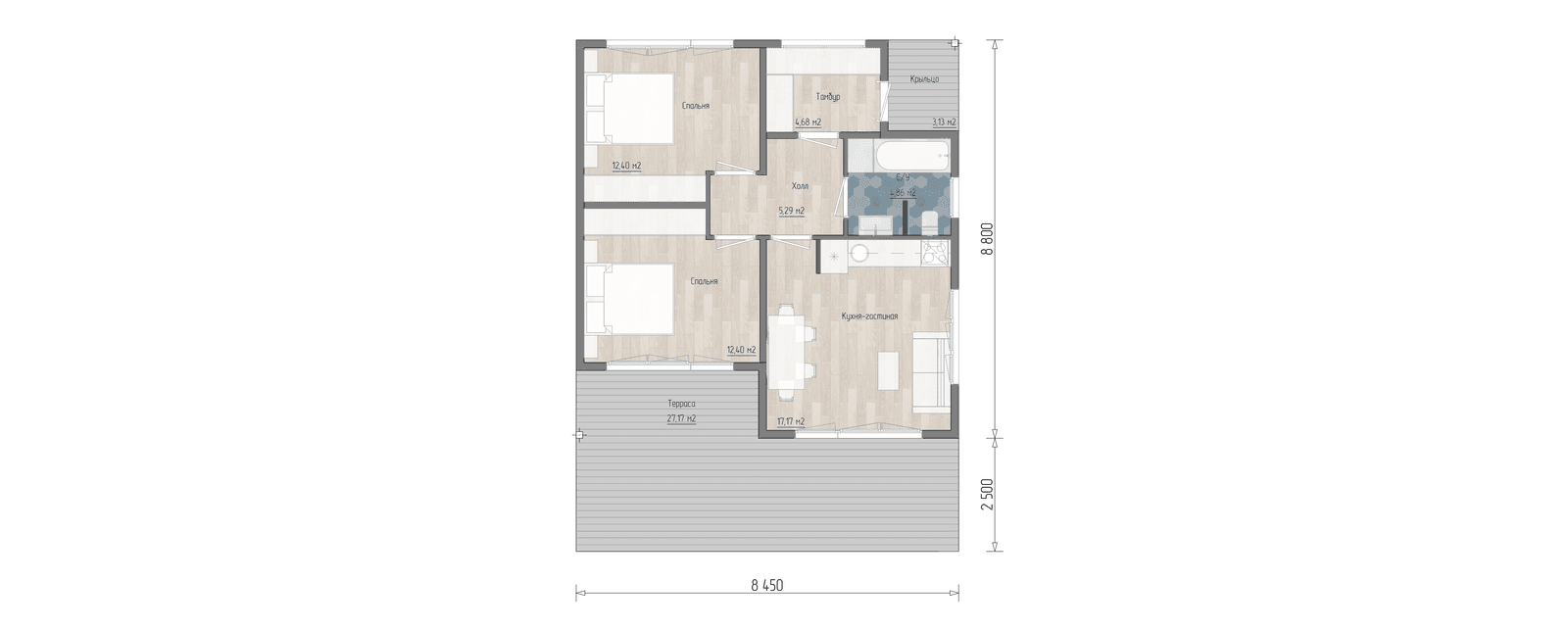 Планировка проекта Bragi 75 м² — 2 спальни