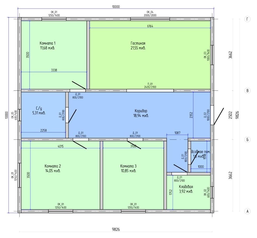 Планировка проекта Буденовец 100 м² — 3 спальни, гостиная 21,6 м², санузел и кладовая