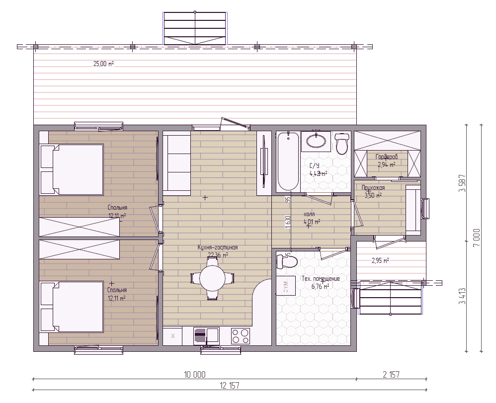 Планировка проекта Дом 70 70 м² — 2 спальни