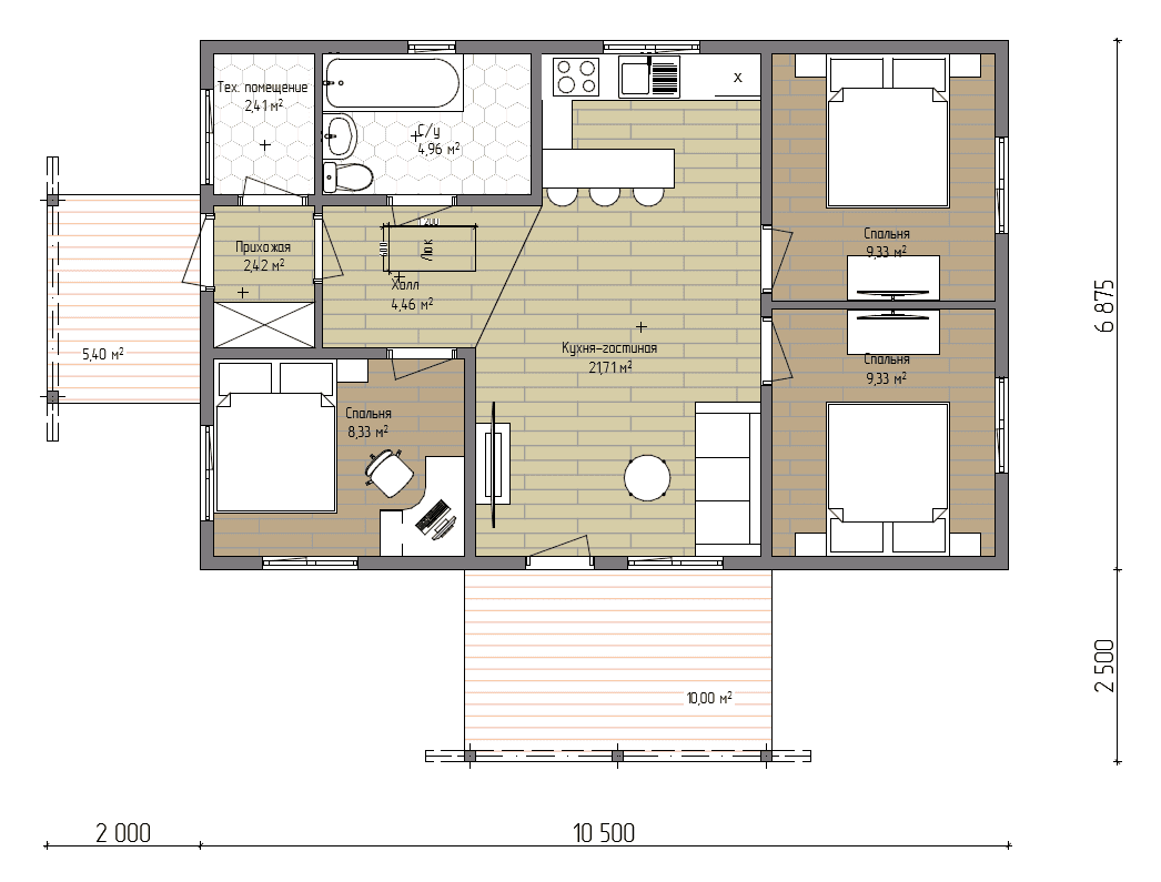Планировка проекта Дом 72 72 м² — 3 спальни