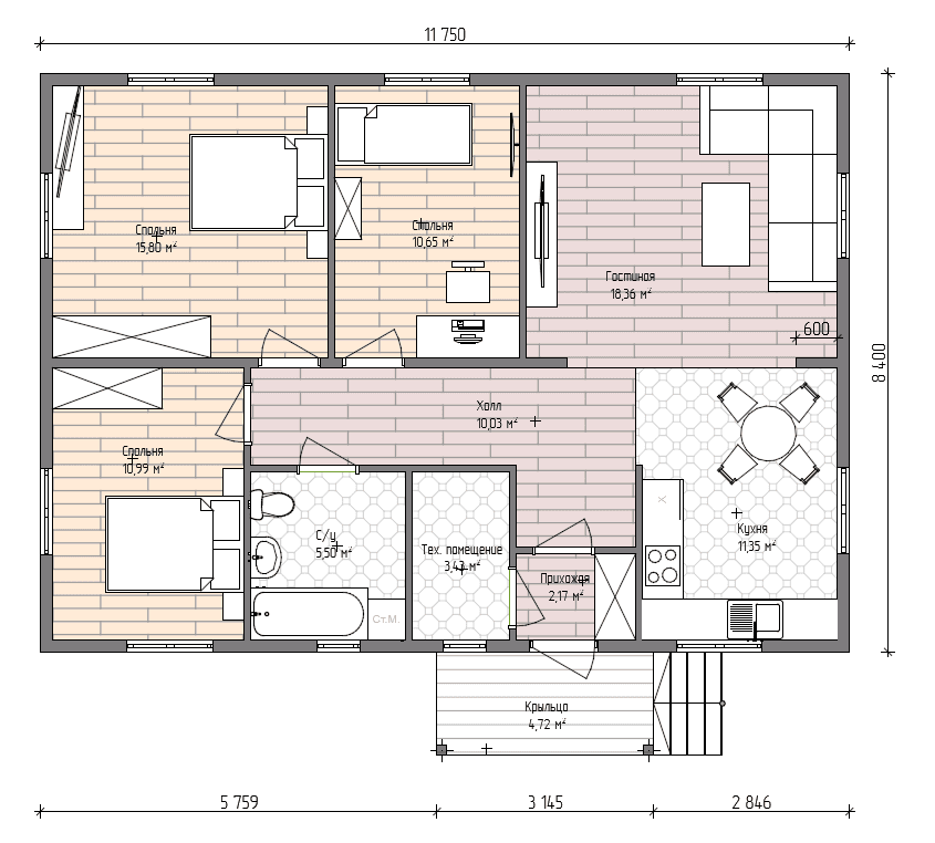 Планировка проекта Дом 99 99 м² — 3 спальни