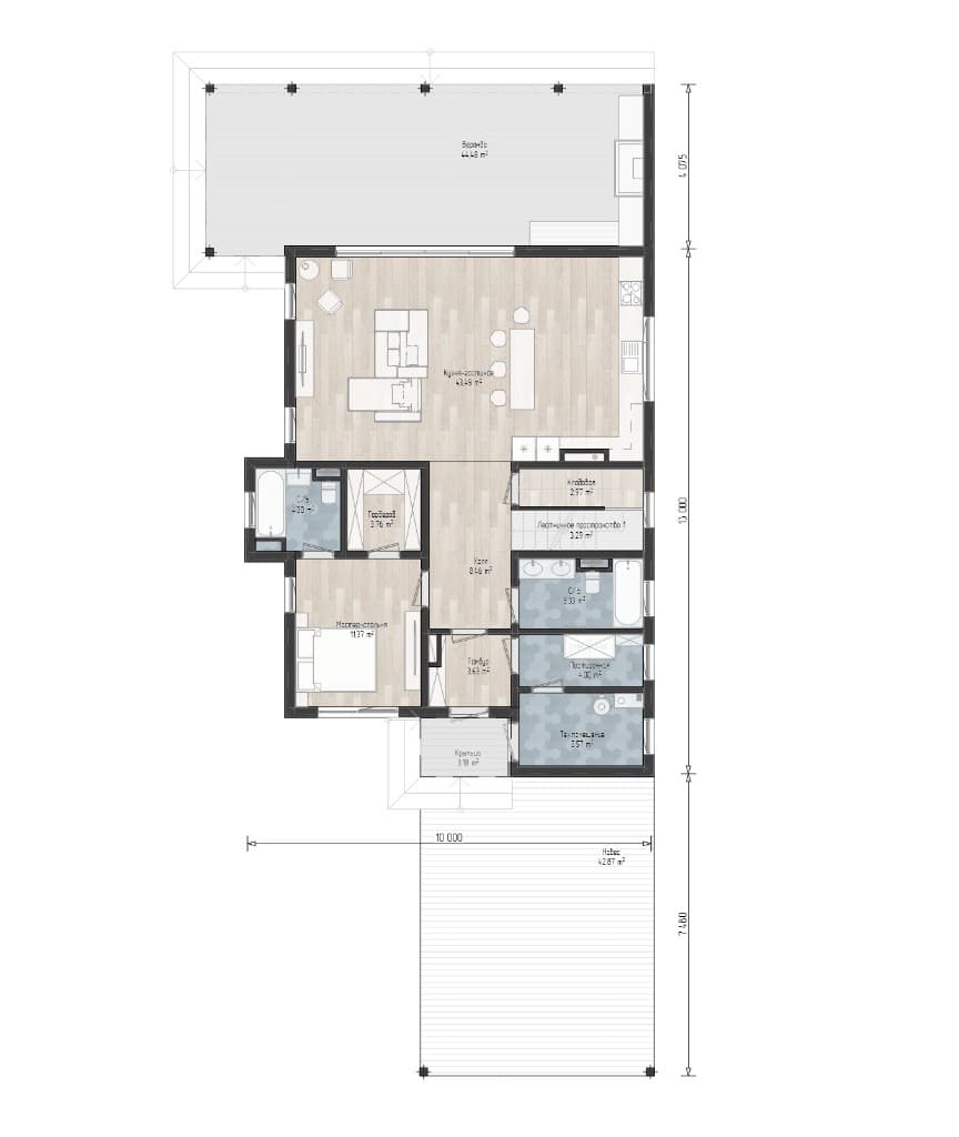 Планировка 1 этажа проекта Кокошкино 130 м² — кухня-гостиная и санузлы