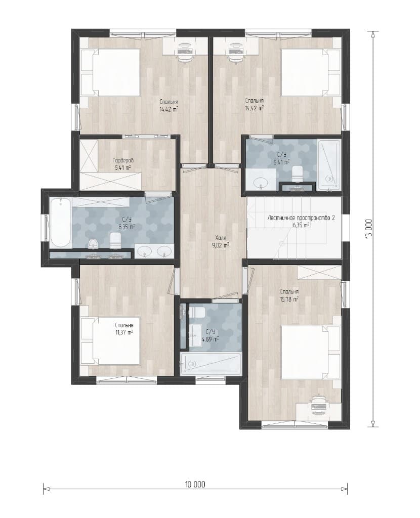 Планировка 2 этажа проекта Кокошкино 130 м² — 5 спален и 4 санузла