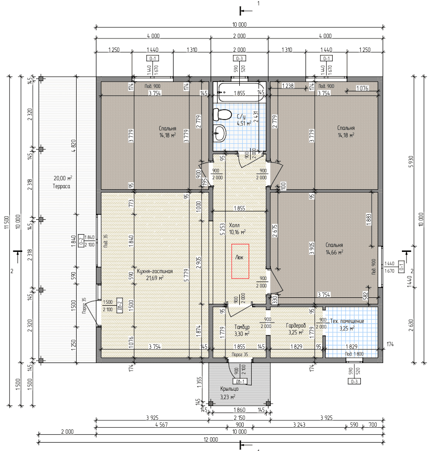Планировка проекта Стрелец 100 м² — 3 спальни, кухня-гостиная и терраса 20 м²