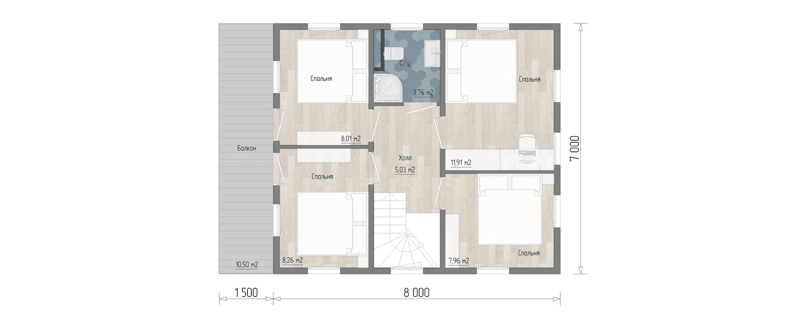 Планировка 2 этажа проекта Taiga 56 м² — 5 спален