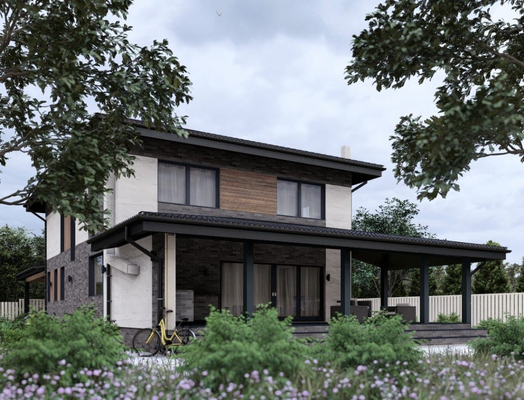 Проект Кокошкино 130 м² — терраса с навесом, боковой вид СИП-дома для ПМЖ