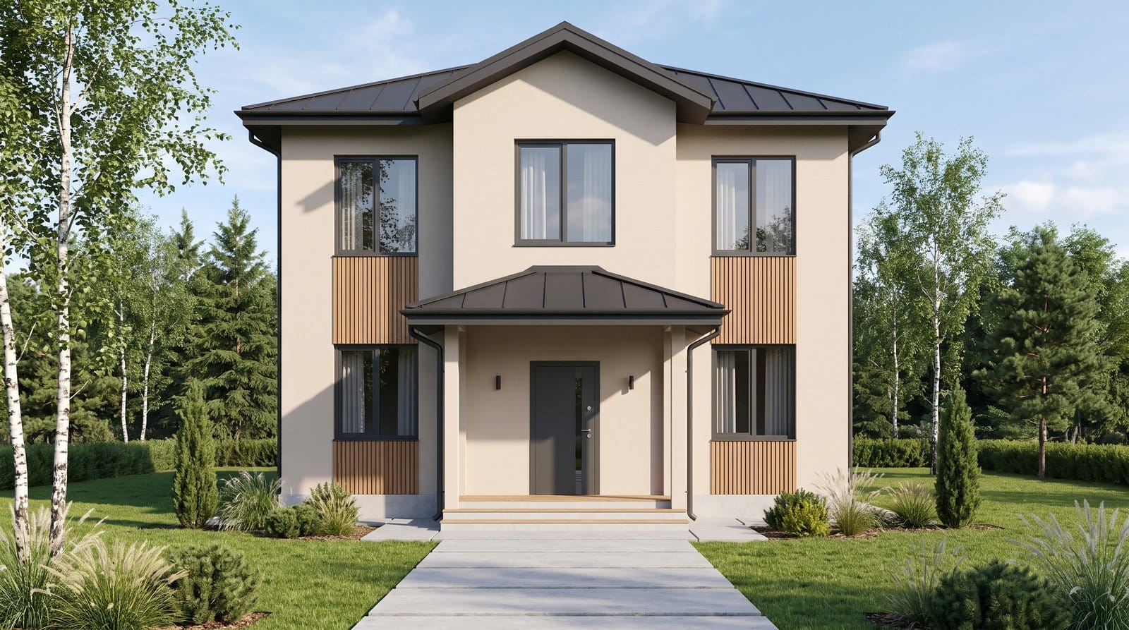 Проект Ленинец 120 м² — главный фасад двухэтажного дома