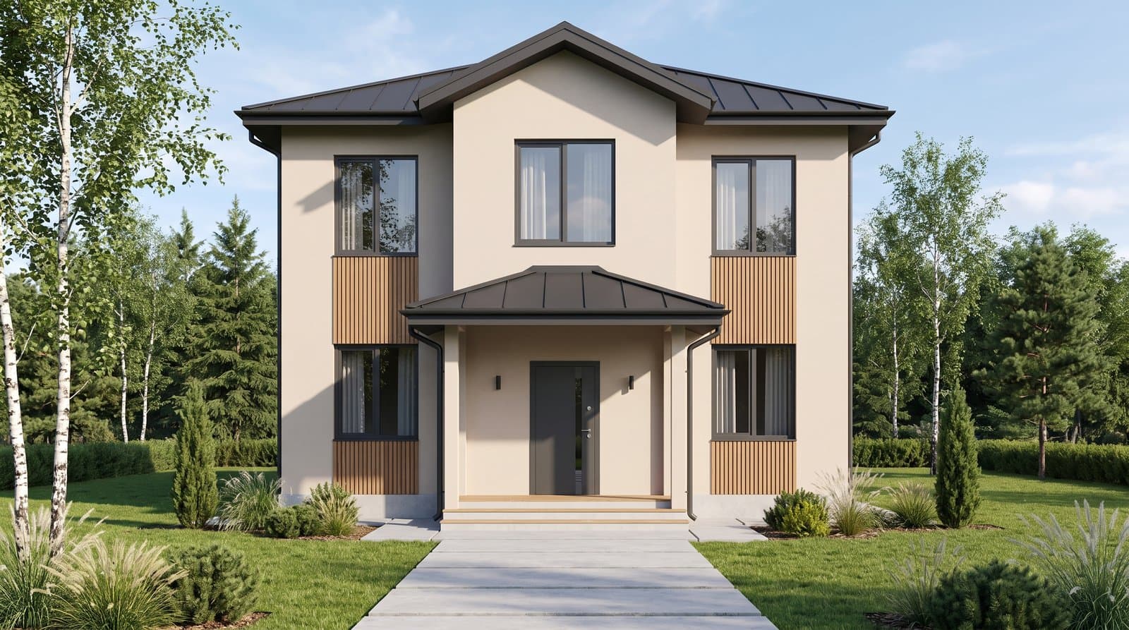 Проект Ленинец 120 м² — фасад двухэтажного СИП-дома с крыльцом